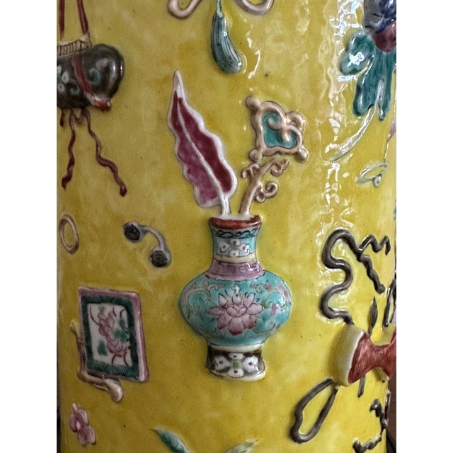 Antique Chinese Famille Rose Yellow Lamp Relief Decorated Vase For Sale - Image 11 of 18