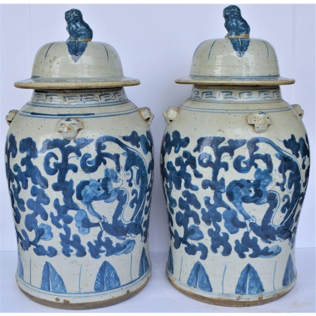 Chinoiserie Large Chinoiserie Blue and White Scroll and Leaf Ginger Jars, a Pair For Sale - Image 3 of 6
