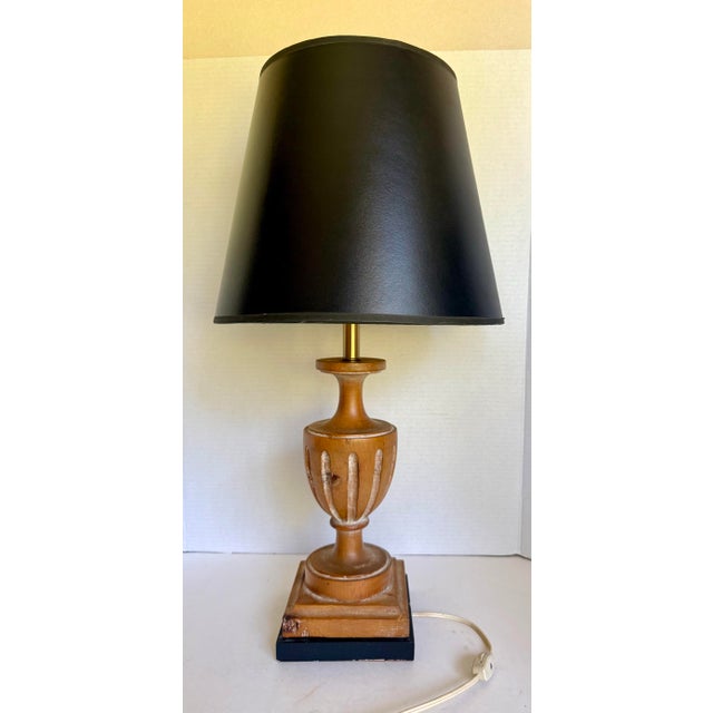 Vintage Neoclassical Whitewashed Carved Wood Urn Table Lamp With Black Shade For Sale - Image 11 of 11