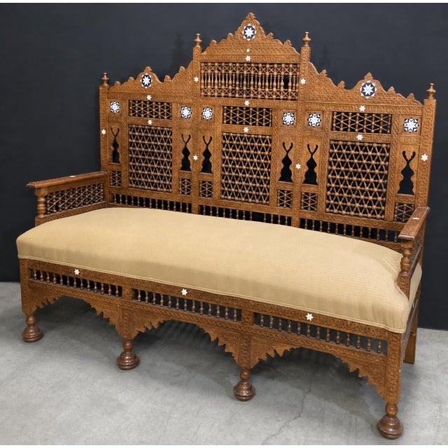 Early 20th Century Early 20th Century Middle Eastern Carved Walnut Mashrabiya Settee, 1920s–1930s For Sale - Image 5 of 14