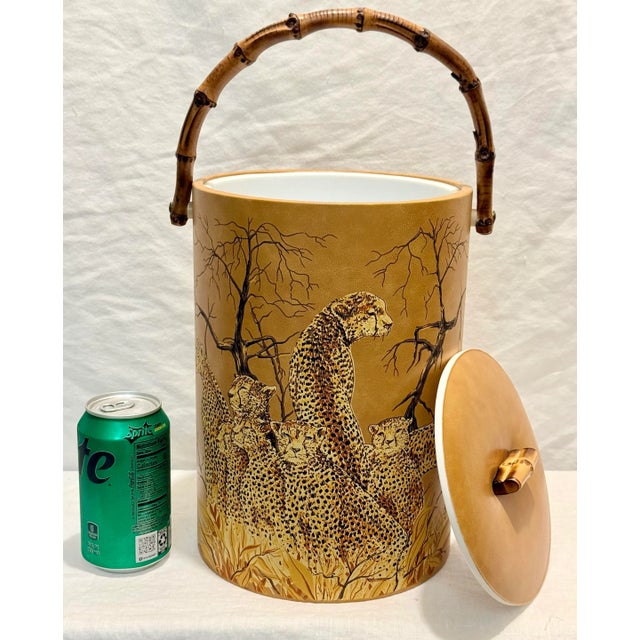Late 20th Century Vintage 1970s Abercrombie & Fitch Cheetah Print Ice Bucket With Faux Bamboo Handle – Retro Safari Home Decor For Sale - Image 5 of 10