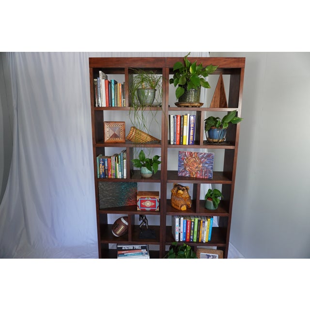 Handcrafted Solid Wood Bookcase Set | Custom Library Wall | Hickory Stain Bookshelf, 2 Pieces For Sale - Image 9 of 17