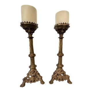 Vintage Ornate Brass Candle Holders | Pair of Antique Candle Stands- Rococo Style For Sale
