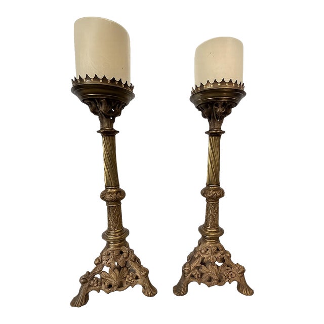 Vintage Ornate Brass Candle Holders | Pair of Antique Candle Stands- Rococo Style For Sale