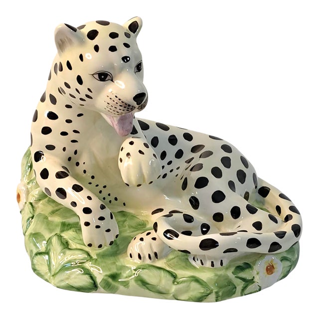 Vintage Jeanne Reed’s Hand-Painted Porcelain Reclining Leopard Figurine With Floral Base For Sale
