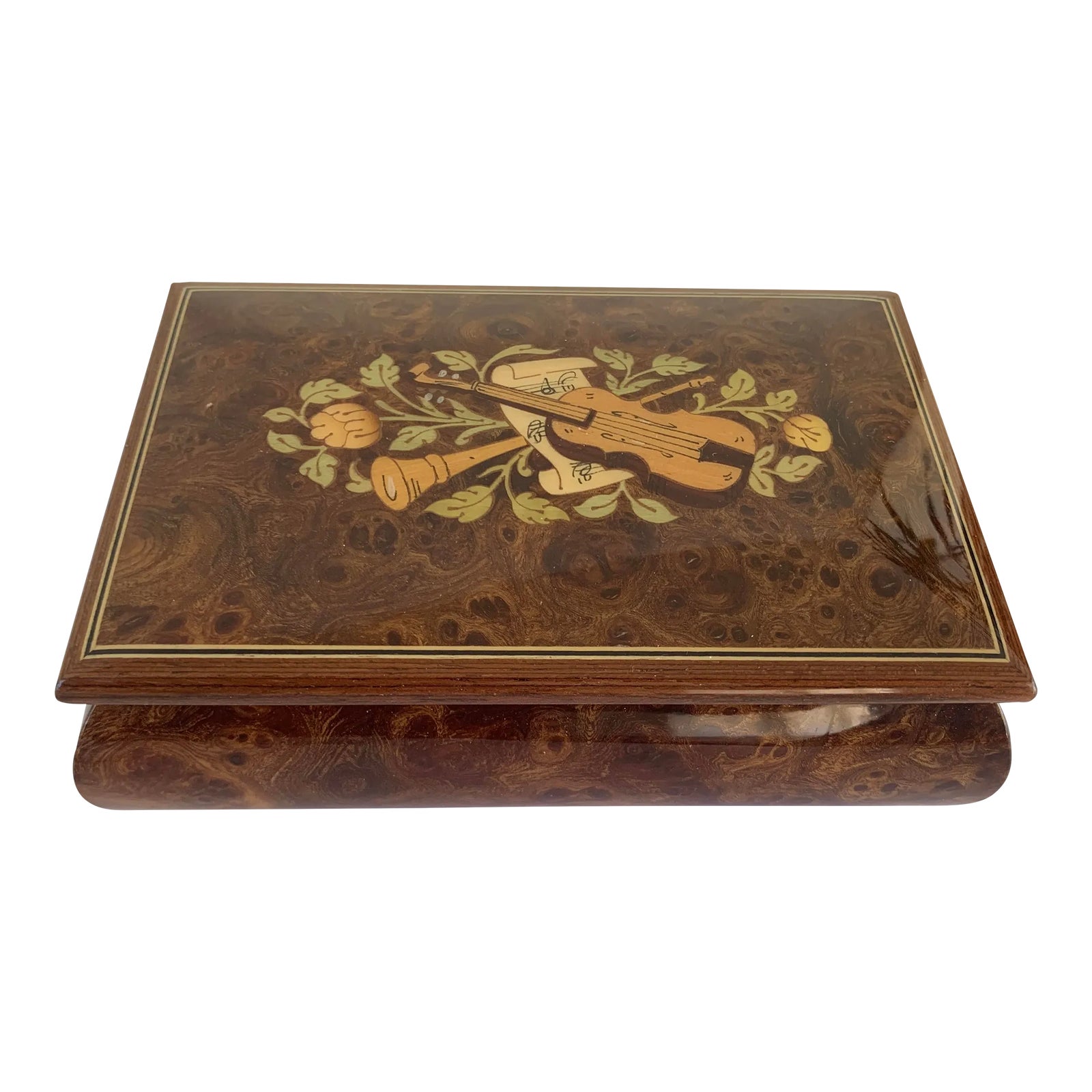 1980s Inlaid Burl Wood Jewelry Music Box Made in Italy by Reuge "That's