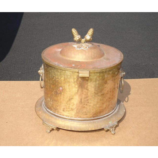 Metal Vintage Brass Container W Lid and Acorn Motif, Lion Head Accent, Hammered Center For Sale - Image 7 of 11