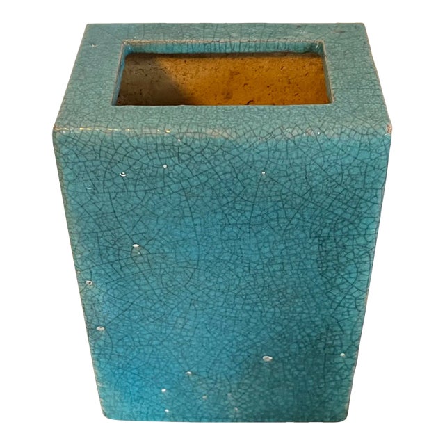 Antique 19th Century Chinese Export Porcelain Aqua Green Monochrome Glaze Pillow Form Flower Brick Block Vase For Sale