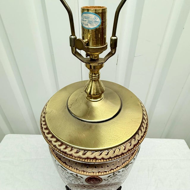 Metal Vintage Oriental Accents Table Lamp - Hand-Painted Porcelain Design For Sale - Image 7 of 12