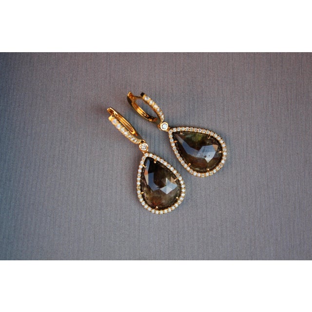 Golden Brown Black Sapphire Pear Drop Shape Sapphire Diamond Halo Gold Earrings, A Pair For Sale - Image 4 of 11