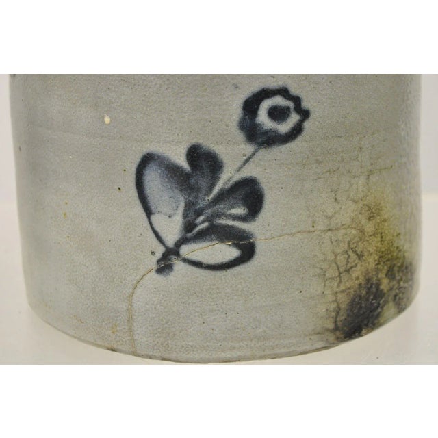 Folk Art Antique Stoneware Salt Glazed 9" Round Pottery Crock Pot With Blue Flower For Sale - Image 3 of 12