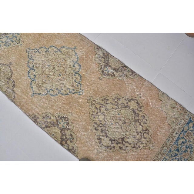Vintage Distressed Turkish Oushak Long Hallway Runner Rug With Muted Medallions - 3x14 For Sale - Image 4 of 10