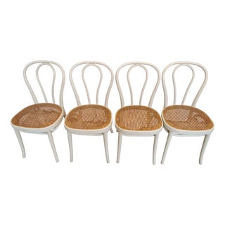 Vintage White Wood and Cane Dining Chairs, 1970s, Set of 4 For Sale
