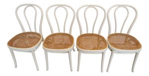 Vintage White Wood and Cane Dining Chairs, 1970s, Set of 4