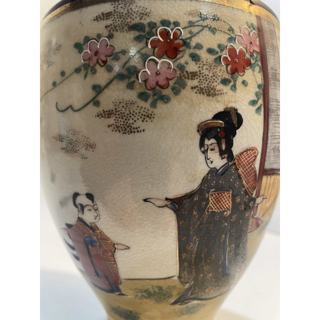 Satsuma Antique Japanese Meiji Satsuma Hand-Painted Figural Cabinet Vase, Black & Gold, 10” For Sale - Image 4 of 11