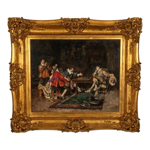 Antique Spanish Oil on Canvas Painting French Cavaliers Playing Chess Paris by Maximo Juderias Caballero 1910, Framed