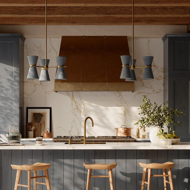 Gable Pendant, Antique Natural Brass with Storm Blue Shade For Sale - Image 4 of 9