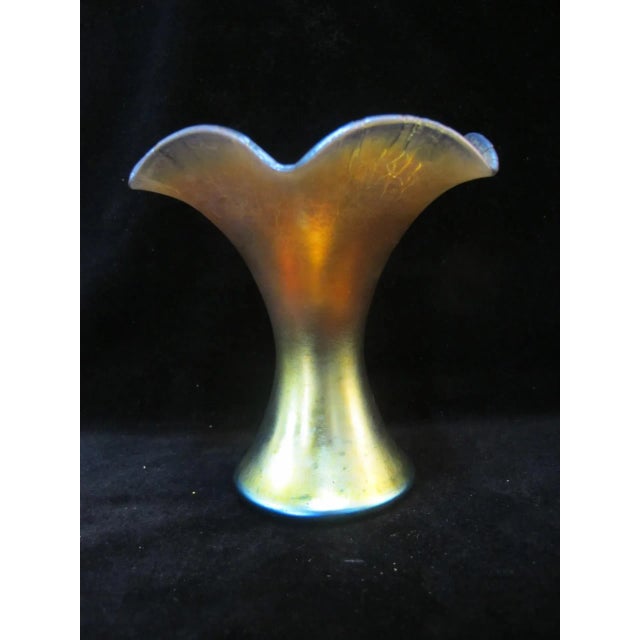 Steuben Aurene 723 Gold Blue Iridescent Ruffle Art Glass Vase For Sale In Portland, OR - Image 6 of 8