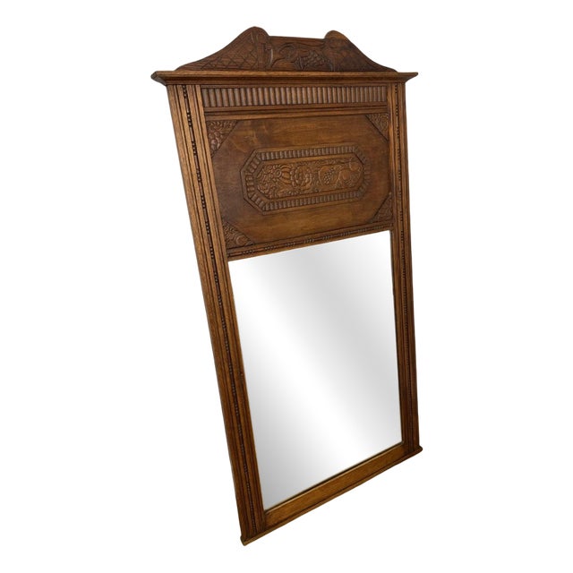 Antique French Wall Mirror with Carved Oak Frame For Sale