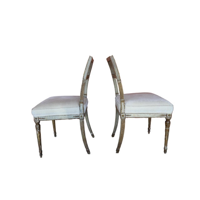 French Pair of Antique Gustavian Style Open Back Chairs With Diamond Pattern Upholstery For Sale - Image 3 of 10