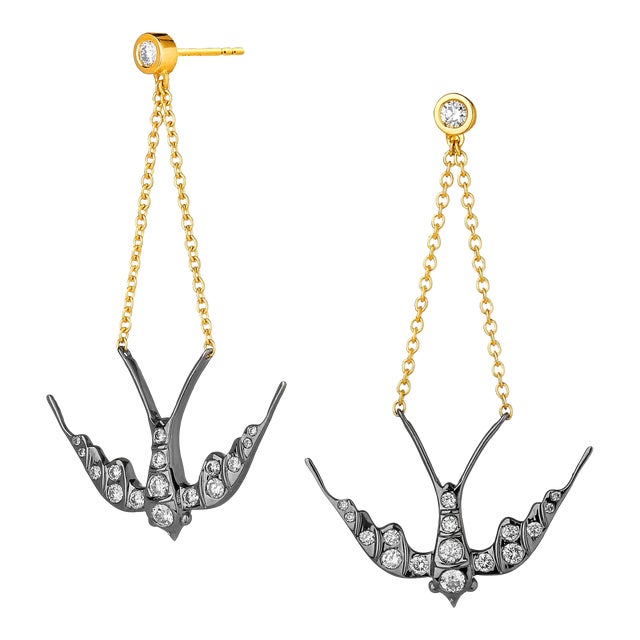Syna Yellow Gold and Oxidized Silver Swallow Earrings, a Pair For Sale