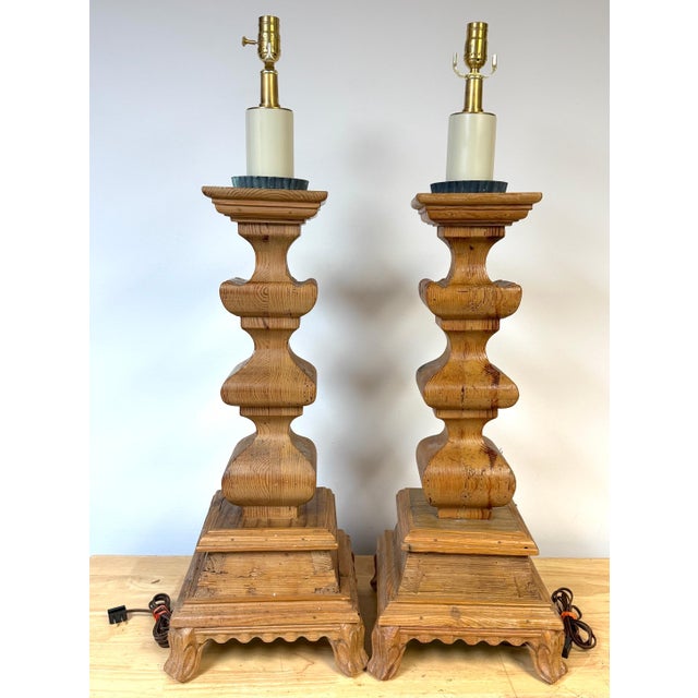 Mid 20th Century Monumental Tuscan Carved Pine Column Table Lamps, Rewired - a Pair For Sale - Image 9 of 14
