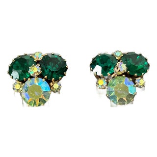 Vintage Weiss Green & Aurora Borealis Rhinestone Cluster Clip-on Earrings | Mid-Century Austrian Crystal Costume Jewelry, A Pair For Sale