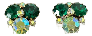 Vintage Weiss Green & Aurora Borealis Rhinestone Cluster Clip-on Earrings | Mid-Century Austrian Crystal Costume Jewelry, A Pair