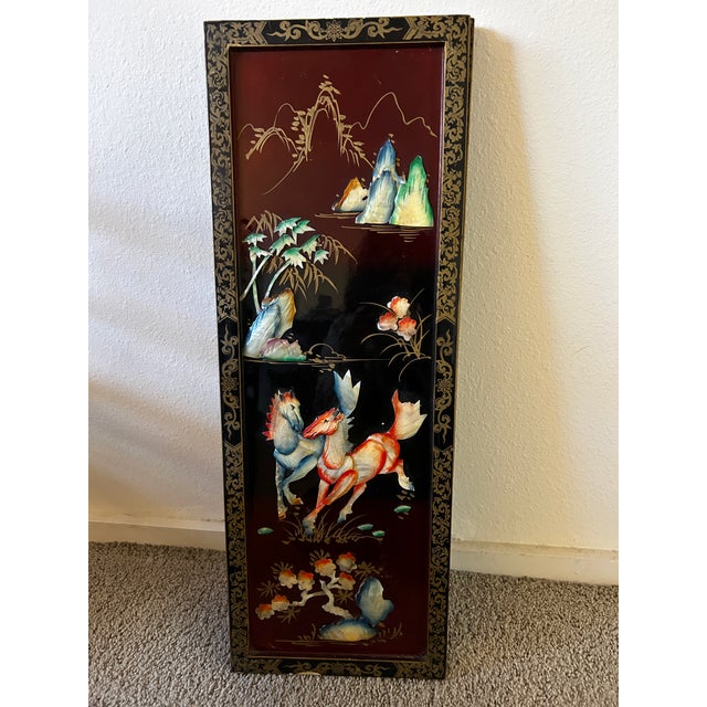 1950s Vintage Mid Century Chinese Mother of Pearl Inlaid Panels " Year of the Fire Horse' Set 4 For Sale - Image 5 of 7