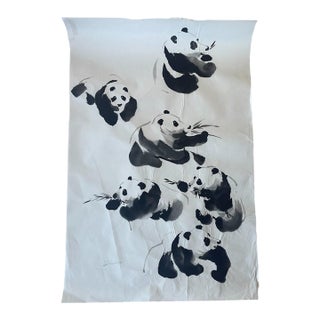 Vintage Chinese-Style Ink Painting of Pandas on Rice Paper, Signed j.r Gaston. For Sale