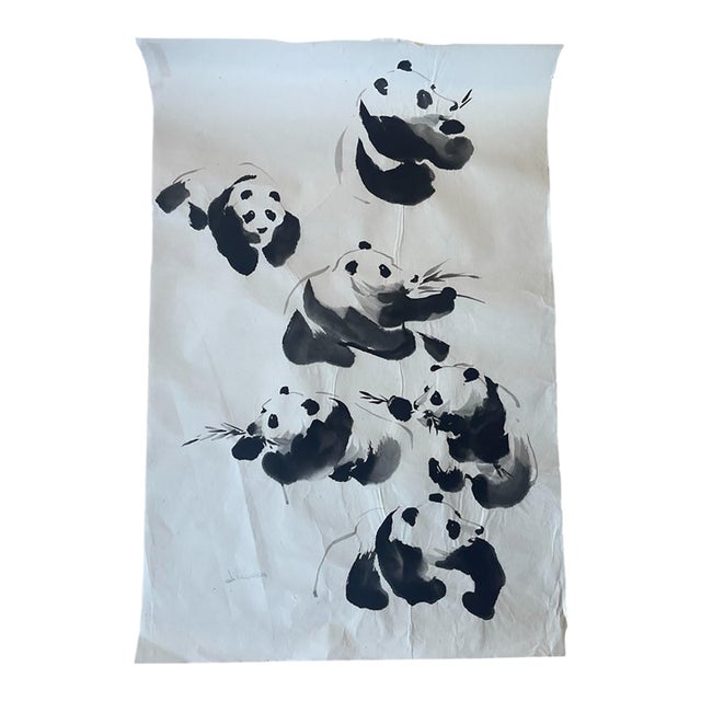 Vintage Chinese-Style Ink Painting of Pandas on Rice Paper, Signed j.r Gaston. For Sale