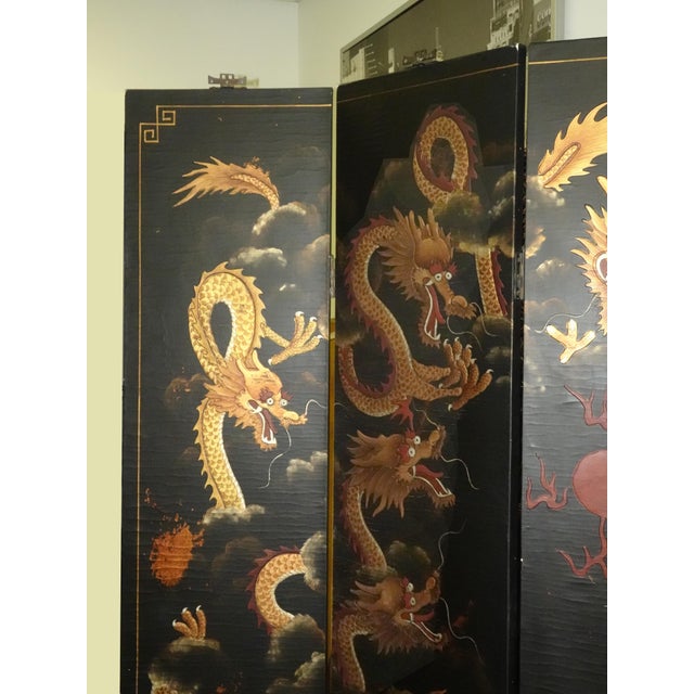Chinoiserie Vintage Oriental Asian Black & Gold Four Panel Screen Room Divider ~ Dragons For Sale - Image 3 of 13