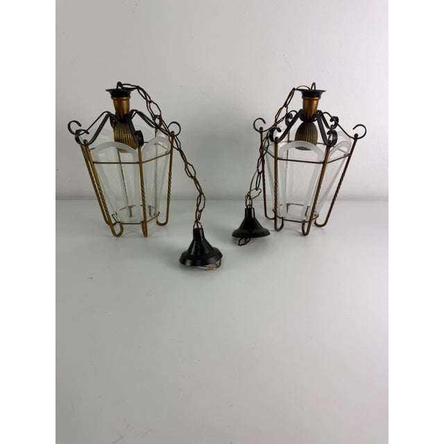 Pendant Lamps in Brass and Murano Glass, 1950s, Set of 2 For Sale - Image 6 of 13