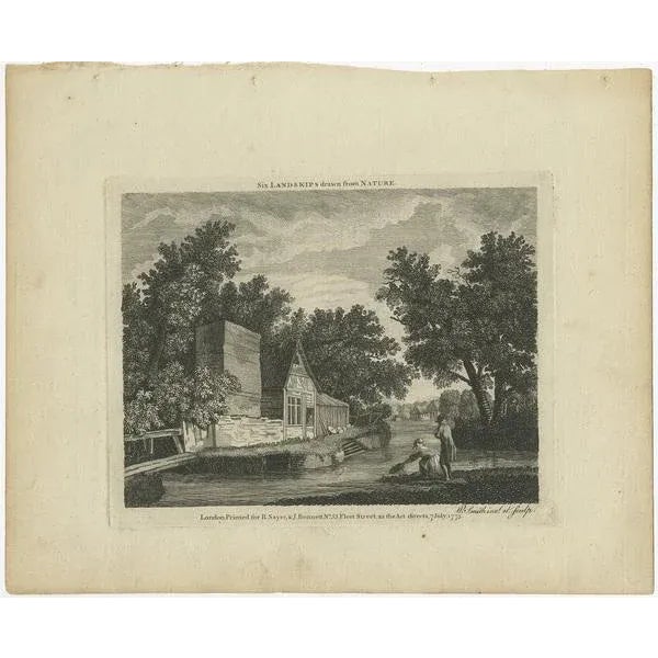 Set of two antique prints of landscapes and village scenes. Part of a series of six prints. Printed for R. Sayer & J....