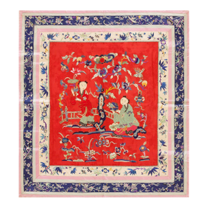 Attractive Red Ground Color With Unique Figural Pattern Vintage Flat Weave Silk Chinese Embroidery