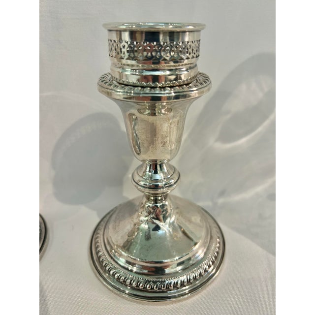 American 1960’s-1970’s Vintage Garden Silversmiths Sterling Silver Etched Glass Hurricane Candleholders - A Pair For Sale - Image 3 of 11