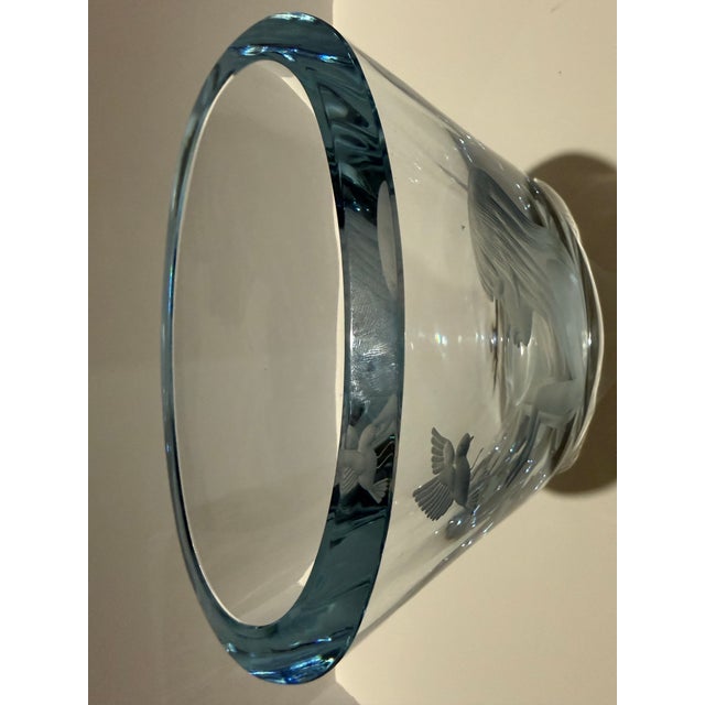 Mid-Century Modern Signed Strombergshyttan Sweden Engraved Art Glass Vase – Woman & Bird – 8.5” For Sale - Image 3 of 12