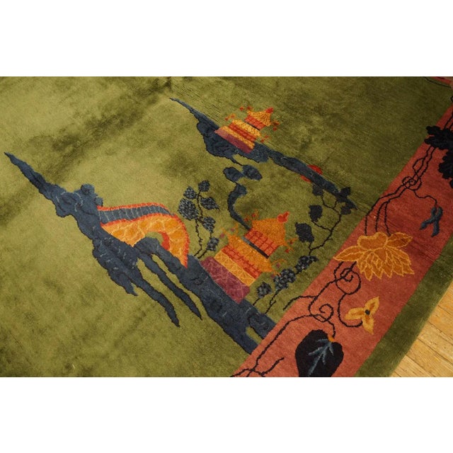 1920s 1920s Green Pictorial Antique Chinese Art Deco Carpet Rug 8' X 9'6" Wool Knotted Pile For Sale - Image 5 of 12