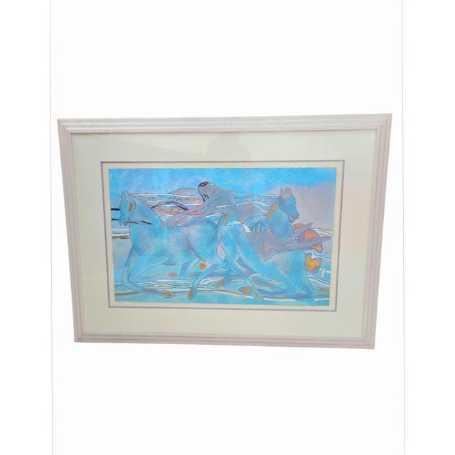 ​A striking, large-scale limited-edition color serigraph titled "Celadon Horses B" (1990) by acclaimed Chinese artist...