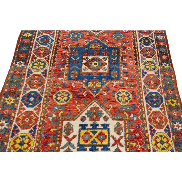 Red Red Vintage Kazak Caucasian Wool Runner With Multicolor Geometric Design For Sale - Image 8 of 8