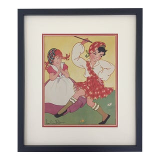 Framed "Jocky Was a Piper's Son" Nursery Rhyme Print by Fern Bisel Peat For Sale