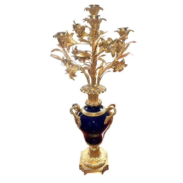 French Pair of French Bronze & Deep Cobalt Porcelain Candelabras. 19th Century. For Sale - Image 3 of 8