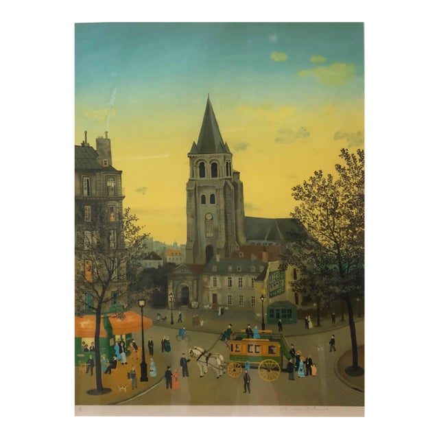 Michel DelacroixHand signed Folk Art Naive lithograph on Arches paper Paris Evening Cafe Scene For Sale