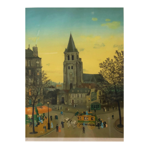 Michel DelacroixHand signed Folk Art Naive lithograph on Arches paper Paris Evening Cafe Scene
