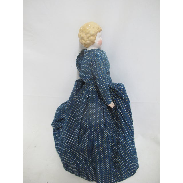 Antique German Colonial China Head Leather & Bisque Blonde Hair Blue Eye Doll For Sale - Image 4 of 12