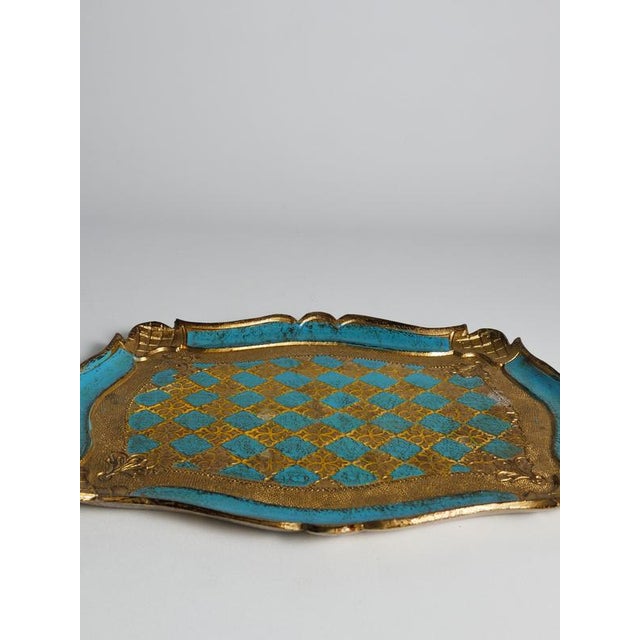 Wood Florentine Neo-Rococo Gilt and Turquoise Tray with Harlequin Pattern, Italy, 1950s For Sale - Image 7 of 18