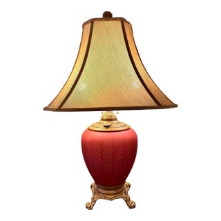 Antique Sang De Boeuf (Oxblood) Glass Table Lamp With Red Herringbone and Claw Feet For Sale