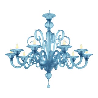 Contemporary Venetian Blue Satin Murano Glass Chandelier 8 Arms For Sale