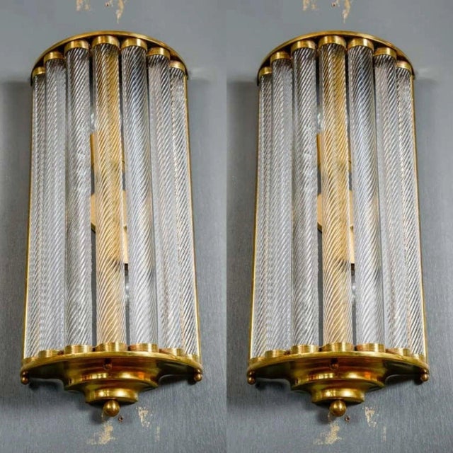 Art Deco Vintage Art Deco Light Old Lamp Wall Sconces Fixture Brass & Ribbed Glass Rod Ship Light - a Pair For Sale - Image 3 of 4