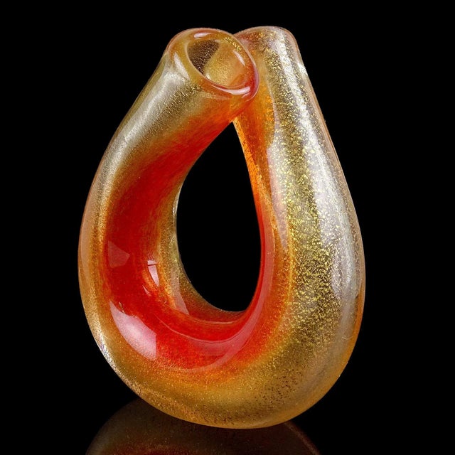 Mid-Century Modern Seguso Murano Vintage Red Orange Gold Flecks Italian Art Glass Double Mouth Tube Flower Vase For Sale - Image 3 of 13